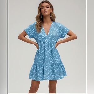 Blue/White Print Ruffle Hem Smock Dress